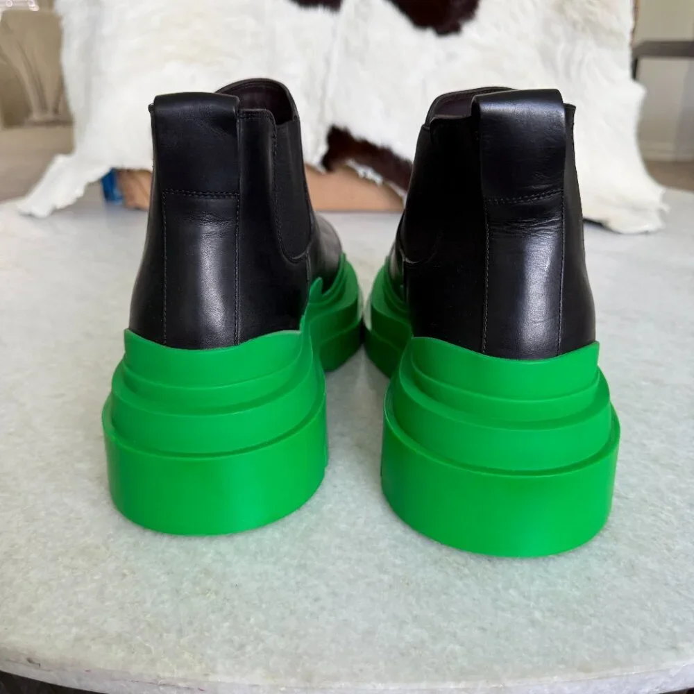 Bottega Veneta Military Calf Black Leather Green Tire Ankle Boot 630281, sz 42.5